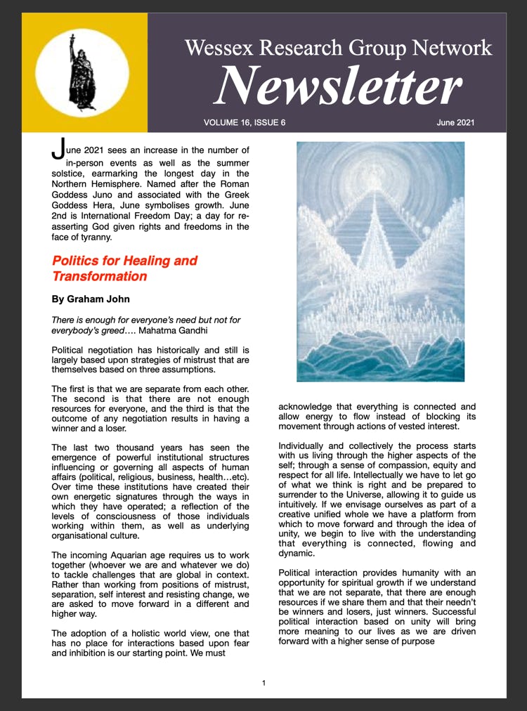 Newsletter with events listing and  article called Politics for Healing and Transformation